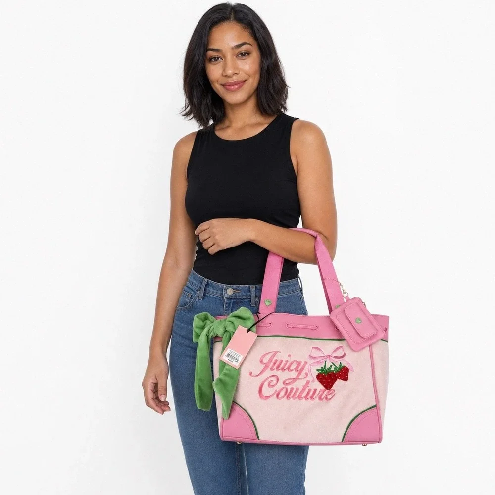 Juicy Couture Retro Strawberry Tote Bag Powder Blush Pink Velour 11JCDXUMXPB NEW